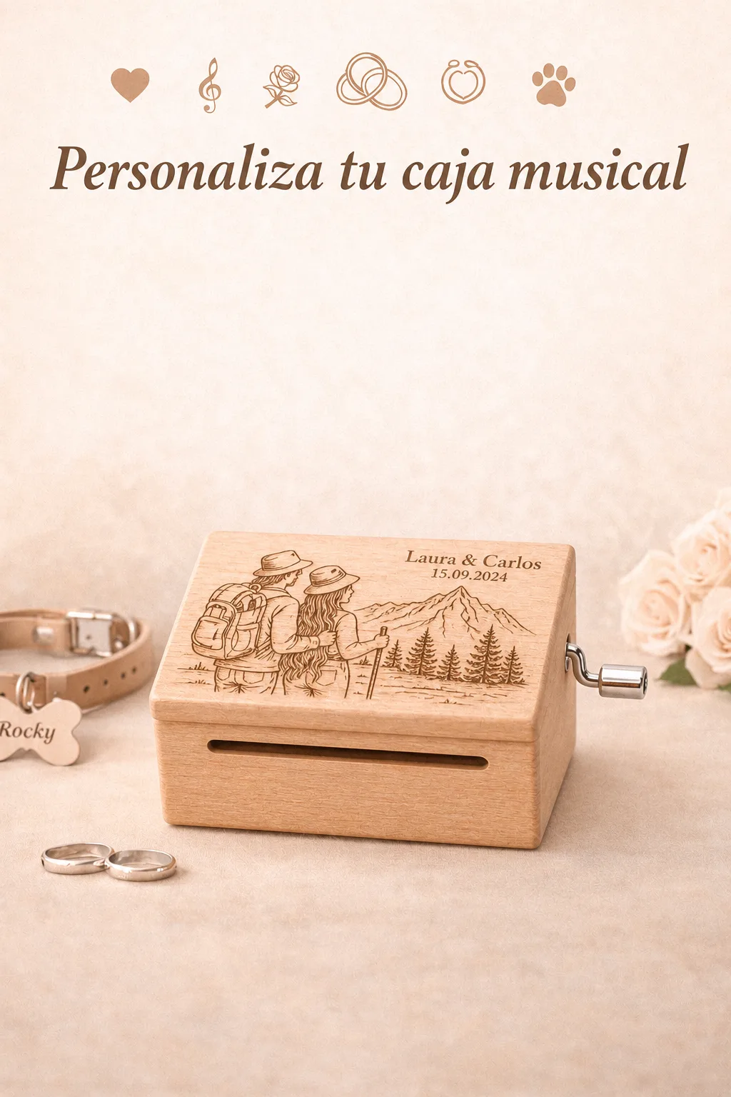 Caja de música de madera con dibujo lineal personalizado