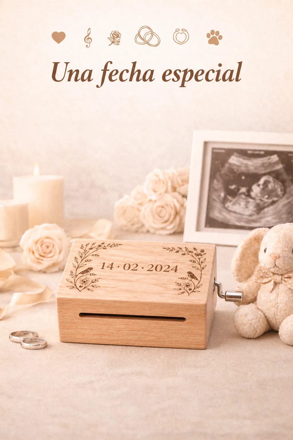 Caja de música de madera con fecha especial grabada