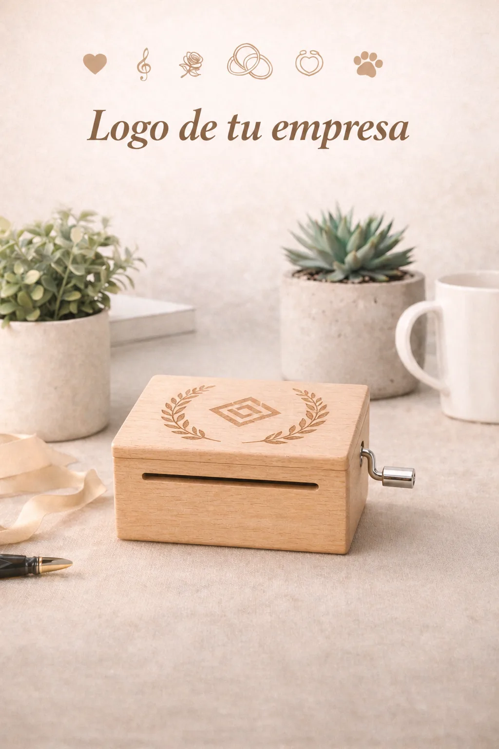 Caja de música de madera con logotipo de empresa grabado